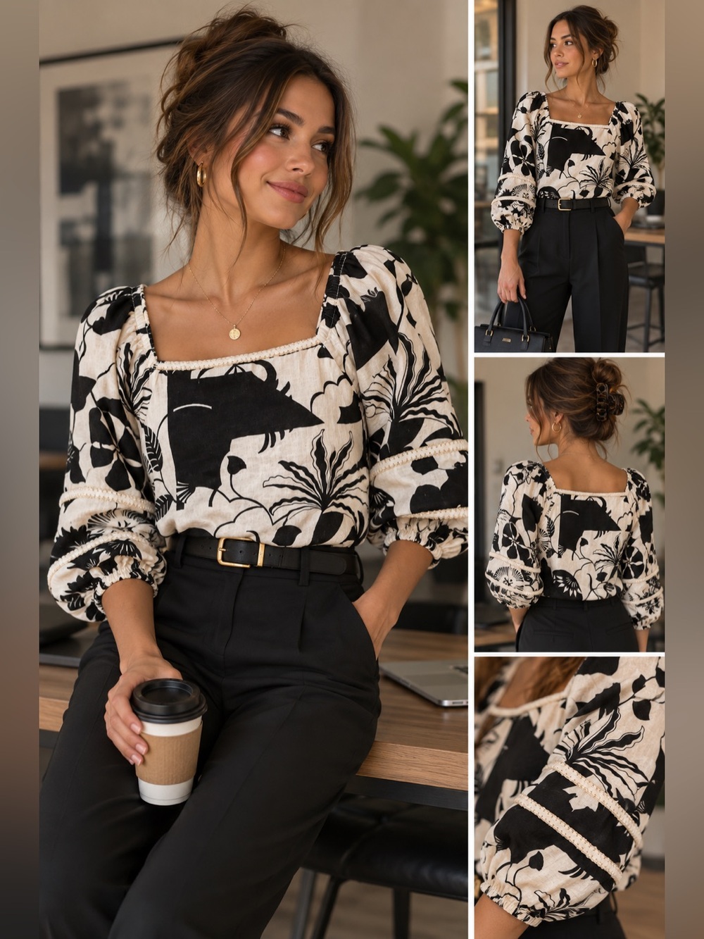Nicole Miller New York 100% Linen Black & Cream Floral Puff Sleeve Blouse M